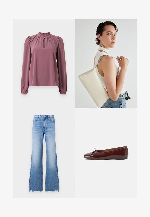 Blusa de manga longa em cor malva com gola franzida, decote em forma de olho de fechadura com fechamento por botão e ombros ligeiramente bufantes.; Jeans flare de denim azul claro com cintura alta, detalhes desgastados e bainha crua. Apresenta cinco bolsos e um fechamento clássico com botão.; Bailarinas em couro sintético borgonha com bico redondo, pequeno laço na frente e sola baixa em borracha preta. Textura suave.; Bolsa de mão retangular branca, feita de material brilhante, com uma alça em corrente prateada. Modelo posa, exibindo a bolsa contra um fundo simples.