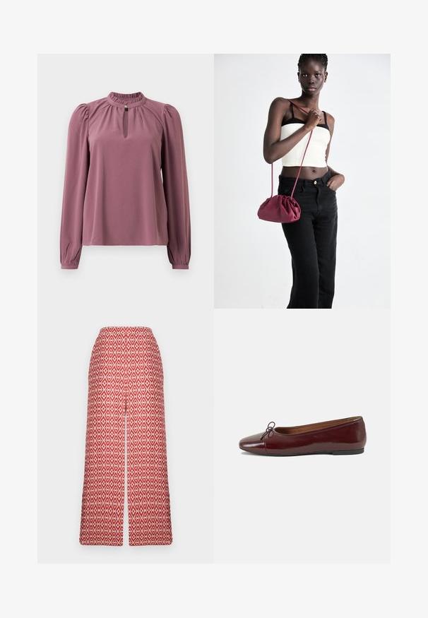 Bluzica dugih rukava u mauve boji s naboranim ovratnikom, izrezom u obliku ključa s kopčanjem na dugme i blago napuhanim ramenima.; Crvene culotte hlače s uzorkom dijamanta, elastičnim pojasom i širokim krojem za udobnost i lakoću kretanja.; Burgundska lakirana balerinka s zaobljenim vrhom, malim mašnom sprijeda i niskom, crnom gumenom potplatu. Glatka tekstura.; Bordo mekani torbeni sakupljenog dizajna s dugom trakicom, nošenom preko tijela. Model nosi bijelu kratku majicu i crne traperice.
