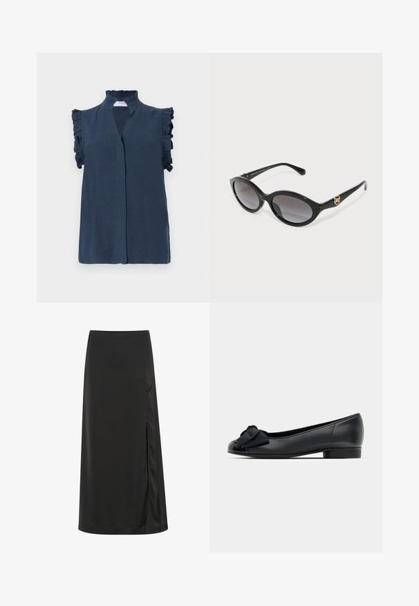 Tumesinine ilma varrukateta pluus, millel on kõrge raffineeritud kaelus ja rütmid õlgadel, valmistatud kergest kangast.; Must sherline seelik, mis on valmistatud siledast kangast, millel on külg lõhk ja sirge siluett, millel on kerge läige. Kohandatud alläärega.; Mustmust baleriinid mustast nahast, ümmarguse varbaga, millel on lakknahast pealae osa ja riidest lipsu dekoratsioon ees. Madal ja kindel konts.; Must-valge kassi silma prillid gradient hallide läätsedega. Omab läikivaid plastraame ja kuldset tooni logo aksenti käepideme peal.; Pruuni karva kamm, mis on valmistatud plastikust, lainelise kujundusega, millel on mitu haaravat konksu ja ümar ülemine osa.