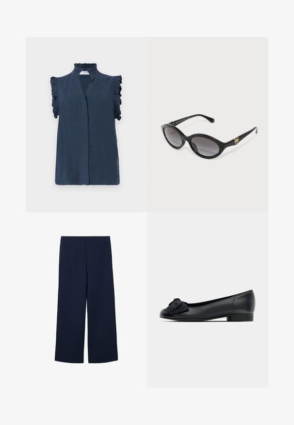 Navyblauw mouwloze blouse met een hoge ruches kraag en ruches accenten op de schouders, gemaakt van een lichtgewicht stof.; Marineblauwe wijde broek gemaakt van lichtgewicht stof, met een strakke uitstraling en rechte snit, voorzien van zijzakken en zonder zichtbare sluitingen.; Zwarte leren balletschoen met een ronde neus, voorzien van een gepatineerde leren kap en een stoffen strikaccent aan de voorkant. Lage, stevige hak.; Zwarte cat-eye zonnebril met vervagende grijzige lenzen. Heeft glanzende plastic monturen en een goudkleurig logo-accent op de slaap.; Schildpad patroon haarclip gemaakt van plastic, met een golvend ontwerp met meerdere gripstekers en een ronde bovenkant.