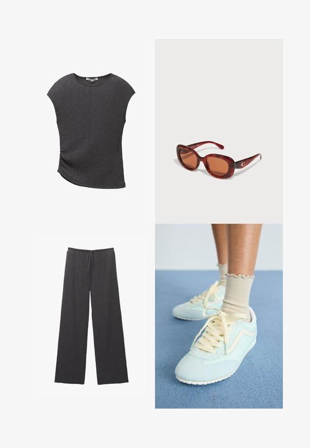Siva majica s kratkimi rokavi iz teksturirane, rebraste tkanine. Ima ukrivljen spodnji rob in sproščen kroj, primeren za sproščeno nošenje.; Hlače širokih nogavic v temno sivi barvi, ki imajo teksturirano blago in elastičen pas z vrvico. Preprost in minimalističen način.; Svetlo modri semiš športni čeveljci s kremnimi vezalkami in poudarki, z teksturirano površino in belim gumijastim podplatom. Vidne so nagubane bež nogavice.; Sončne očala rdeče barve, z pravokotnim okvirjem, ki imajo rjave leče. Opremljena z majhnim zlatim logotipom na desnem tempelju.