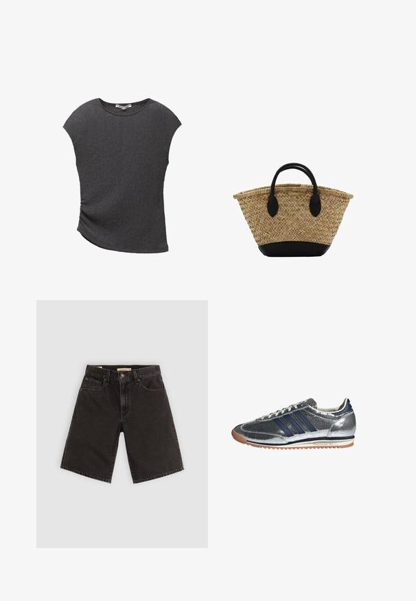 Siva majica s kratkimi rokavi iz teksturirane, rebraste tkanine. Ima ukrivljen spodnji rob in sproščen kroj, primeren za sproščeno nošenje.; Črne denim kratke hlače s ravnim krojem, petimi žepi in kovinsko opremo, z teksturirano tkanino in standardnim pasom.; Srebrni sintetični superge z mornarskimi črtami, okroglo konico, belim podloženjem in gumijastim podplatom. Imajo teksturiran zgornji del in vezanje z pertlemi.; Tkana košara iz slame sraslim oblikom, z črnim usnjenim dnom in ročaji. Teksturedne naravne vlaknine z gladkimi črnimi detajli.; Zlato obarvani uhani v obliki cveta z večplastnimi cvetnimi listi, ki imajo teksturirano površino in osrednjo kroglico.