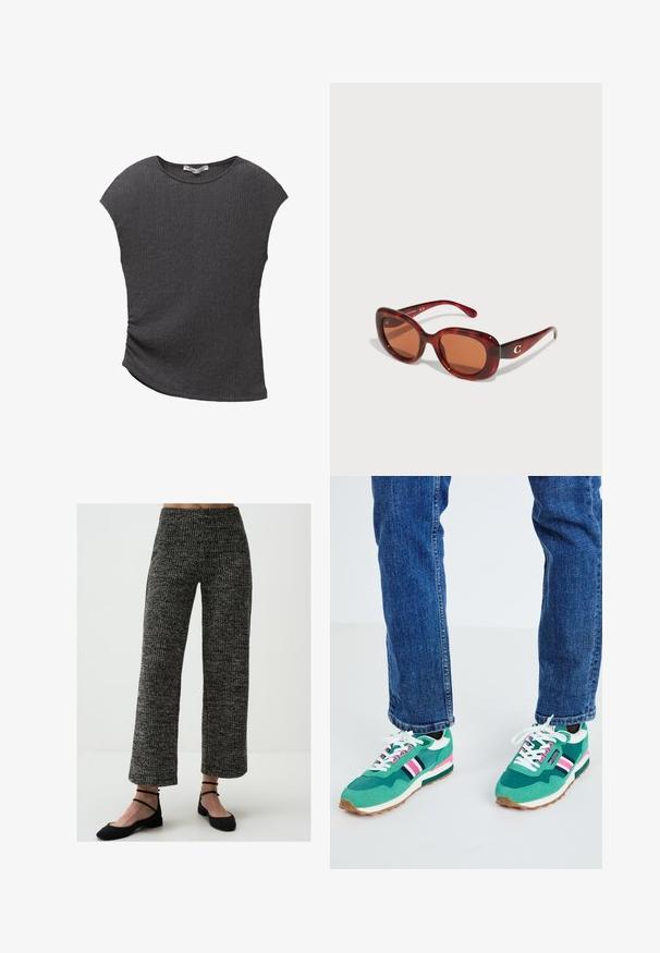 Haut gris à manches courtes en tissu texturé et nervuré. Doté d'un ourlet incurvé et d'une coupe décontractée, idéal pour un look casual.; Pantalons en tricot à jambes larges avec un motif noir et blanc. Caractéristiques d'une taille haute et d'une texture côtelée. Associés à des chaussures plates noires.; Baskets de sport vertes avec des accents blancs et marine, détail de bande rose et tissu texturé. Lacées avec des lacets blancs ; semelle en caoutchouc.; Lunettes de soleil teintées de rouge avec une monture rectangulaire, dotées de verres bruns. Accentué par un petit logo en or sur la tempie droite.