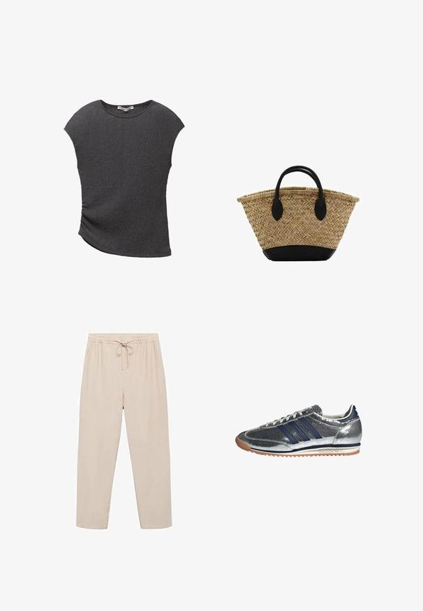 Sivi kratki rukav gornji deo od teksturiranog, rebrastog materijala. Ima zakrivljen rub i opušten kroj, pogodan za svakodnevno nošenje.; Svijetlosmeđi, lagani hlače s elastičnim pojasom, podesivim vezicama i bočnim džepovima. Napravljene od glatkog, mekanog materijala.; Srebrne sintetičke tenisice s tamnoplavim prugama, okruglim vrhom, bijelom podstavom i gumenim potplatom. Imaju teksturiranu gornjište i vezanje na vezice.; Tkani košarica od slame s proplivšim oblikom, s crnom kožnom osnovom i ručkama. Teksturalne prirodne niti s glatkim crnim detaljima.; Naušnice u obliku cvijeta zlatne boje s višeslojnim laticama, s teksturiranom površinom i centralnim detaljem u obliku perle.