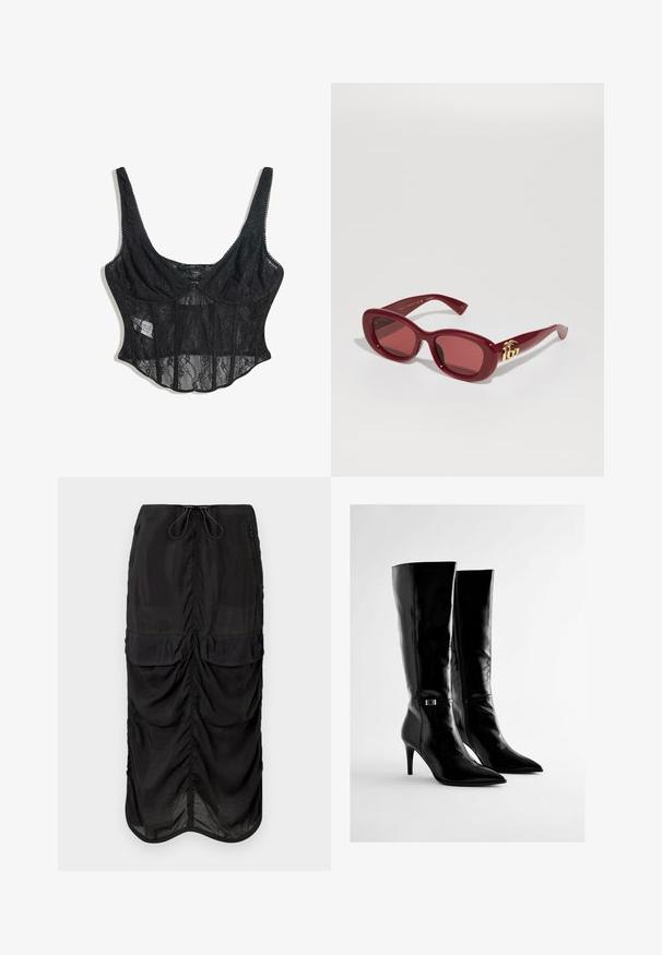Černý krajkový korzet s nastavitelnými ramínky, průsvitnými panely, květinovým vzorem a strukturovaným designem těla. Obsahuje zapínání na háček a oko.; Černá midi sukně vyrobená z lehkého materiálu. Obsahuje nabírané detaily, dvě přední kapsy a elastický pas se šňůrkou pro nastavení velikosti.; Černé kozačky do půli lýtek vyrobené z lesklé kůže, s špičatými špičkami a štíhlým vysokým podpatkem. Obsahují jemný kovový akcent na straně.; Červené plastové sluneční brýle s obdélníkovými rámy, tónovanými skly a zlatým logem na nožičkách. Hladký, lesklý povrch.; Černý květinový šperk na krk z vrstvených okvětních lístků, nošený s černým pleteným tílkem s stříbrnými akcenty podél výstřihu a ramen.