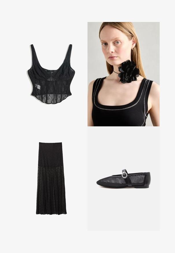 Zwarte kanten korset met verstelbare bandjes, doorschijnende panelen, bloemmotief en gestructureerd lijfje ontwerp. Voorzien van een haak-en-oogsluiting.; Zwarte kanten maxi rok met een gelaagde ontwerp, textuurpatroon en een vloeiende silhouet. Elastische tailleband voor een verstelbare pasvorm.; Zwarte mesh Mary Jane platte schoen met ronde neus, verstelbare band, zilveren gesp en stevige hielcounter op witte achtergrond.; Zwarte bloemen choker ketting gemaakt van gelaagde bloemblaadjes, gedragen met een zwarte ribgebreide tanktop met zilveren accenten langs de halslijn en schouders.