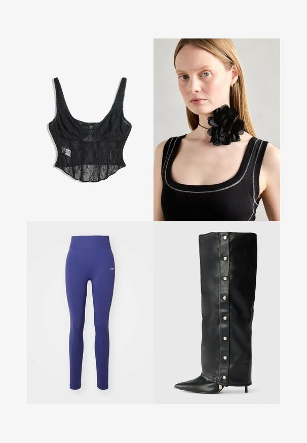 Schwarzer Spitzen-Corsage mit verstellbaren Trägern, transparenten Einsätzen, floralem Muster und strukturiertem Oberteil-Design. Verfügt über einen Haken- und Ösenverschluss.; Marineblaue Leggings aus dehnbarem Material, mit einem breiten Bund, glatter Textur und subtiler Logo-Details an der Hüfte.; Schwarze Lederstiefel mit hohen Absätzen, die ein tailliertes Design, eine spitze Zehe und silberne Druckknopfakzente entlang der Seite aufweisen.; Schwarzes Blütenhalsband aus geschichteten Blütenblättern, getragen mit einem schwarzen, gerippten Tanktop, das silberne Akzente entlang des Halsausschnitts und der Schultern aufweist.