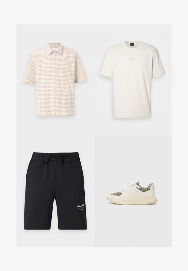 Kurzärmliges, hellbeiges Hemd mit einem Gittermuster in sanftem Braun, knopfbarem Design und klassischem Kragen. Glatte Stofftextur.; BOSS TEE - T-Shirt basic - open white; Schwarze Baumwollshorts mit elastischem Bund, Kordelzug und weißer Logo-Detailierung. Glatte Textur und knielanges Design.; Weiße und hellbeige Sport Sneakers, ausgestattet mit einem Obermaterial aus Netzgewebe, perforierten Details und einer strukturierten Zwischensohle mit Branding an der Ferse.