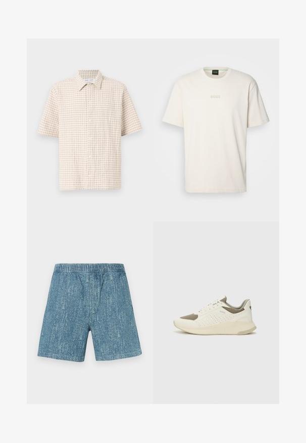 Lühikeste varrukatega, heleda beeži värvi särk, millel on pehme pruuni tooni ruuduline muster, nupuvajutusega esiosa ja klassikaline krae. Sile kangas.; BOSS TEE - Lihtne T-särk - open white; Denim lühikesed püksid, millel on elastne vöökoht, tuhm sinine värv ja tekstuuriga välimus. Sirge lõikega, ilma taskute või kaunistusteta.; Valge ja heledat beeži värvi spordijalats, millel on õhuke võrkmaterjal, perforatsioonidega detailid ning tekstuuriga vahetald, millel on brändi logo kannaosas.