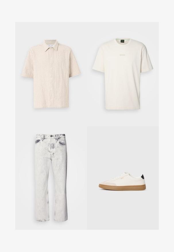 Kratki rukavi, svijetlosmeđa košulja s uzorkom mreže u nježnoj smeđoj boji, s gumbima sprijeda i klasičnom kragnom. Glatka tekstura tkanine.; BOSS TEE - Osnovna majica kratkih rukava - open white; Bijele traperice s izblijedjelim pranjem, ravnog kroja, s kontrastnim tamnim detaljima na džepovima. Imaju zatvaranje na gumb i munju.; Bijele tenisice s bež akcentima, s gornjim dijelom od glatke kože, zaobljenim vrhom i gumiranim potplatom, s crnim detaljem na peti i suptilnim brendingom.
