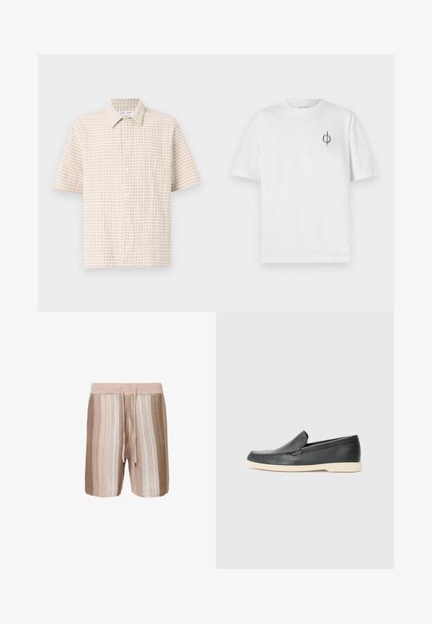 Short-sleeve, light beige shirt featuring a grid pattern in soft brown, button-front design, and a classic collar. Smooth fabric texture.; White cotton t-shirt with a relaxed fit, featuring a small black graphic logo on the left chest area. Short sleeves, crew neck style.; Beige knitted swim shorts featuring horizontal stripes in lighter shades, elastic waistband with drawstring, and textured fabric.; Black leather slip-on loafers with a textured finish and a contrasting beige rubber sole. Features a subtle accent along the front.