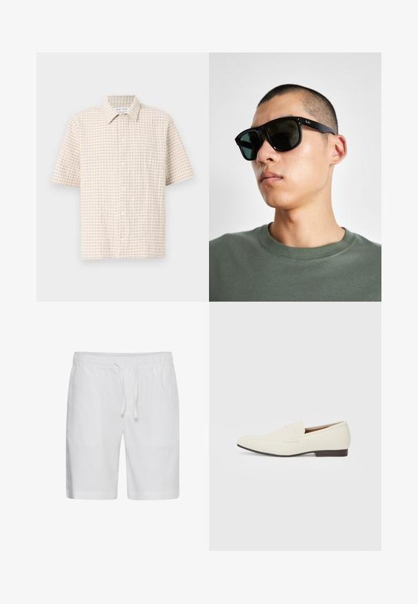 Kratký rukáv, světlobéžová košile s mřížkovým vzorem v jemné hnědé barvě, s knoflíkovým zapínáním a klasickým límcem. Hladká textilie.; Casual Friday CFPHELIX LINEN MIX - Šortky - bright white; Světlé béžové mokasíny s špičatou špičkou, hladkým materiálem, páskem přes nárt a nízkou hnědou podrážkou. Jednoduchý design s minimálními akcenty.; Černé obdélníkové sluneční brýle s tmavými skly, které mají charakteristický tvar a logo na straně. Nosí je osoba v zelené košili.