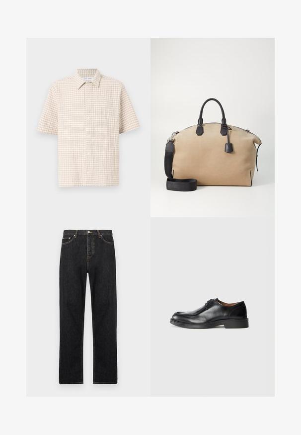 Cămașă cu mâneci scurte, de culoare bej deschis, cu un model în carouri maro deschis, design cu butoane în față și guler clasic. Textură de țesătură netedă.; Jeans din denim negru cu croi drept, prezentând un închidere cu buton, cinci buzunare și detalii de cusătură subtile de-a lungul cusăturilor.; Pantof black din piele cu vârf rotunjit, suprafață netedă, accente cu șireturi și o talpă joasă din cauciuc texturat. Linii curate și un design minimalist.; Geantă din suede bej cu mânere și accente din piele neagră. Prezintă mânere duble, o curea detașabilă și un închidere cu fermoar în partea de sus.