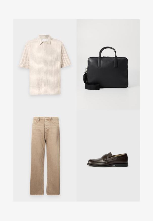 Kortsleppet, lys beige skjorte med et rutemønster i myk brun, knapp-frontend design og klassisk krage. Glatt stofftekstur.; Beige denimjeans med rett passform, med fem lommer, knappelukking og kontrastsømm. Glatt tekstur og minimal slitasje.; Calvin Klein Slippers - cocoa brown; Svart lær arbeidsveske med strukturert overflate, doble håndtak, avtakbar skulderrem, og frontlogo. Glidelås-lukking.
