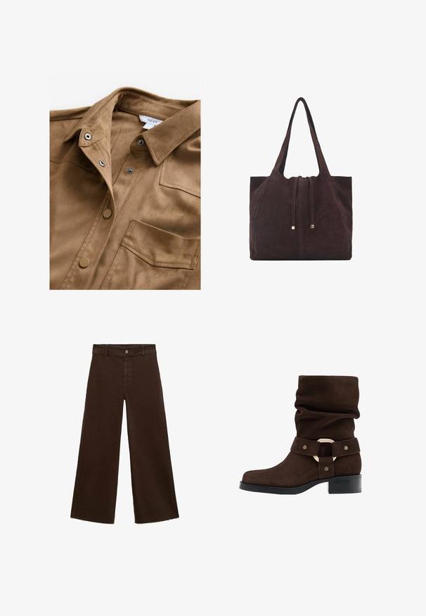 Camicia in suede marrone con bottoni a pressione, colletto a punta e taschino sul petto. Tessuto morbido con una finitura liscia e design minimalista.; Pantaloni larghi marroni in misto cotone, caratterizzati da orlo sfrangiato, chiusura frontale con bottone e classico design a cinque tasche. Minimalisti e versatili.; Stivale alla caviglia in suede marrone con design morbido, ampia cintura con un accento dorato circolare, punta quadrata e tacco blocco nero basso.; Mango Shopping bag - dark brown