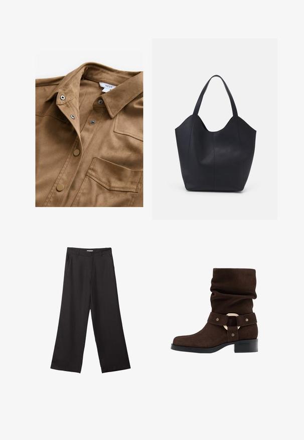 Hnědá semišová košile s druky, špičatým límcem a náprsní kapsou. Měkká textura s hladkým povrchem a minimalistickým designem.; Černé široké kalhoty vyrobené z hladké tkaniny, s předním zipem a dvěma bočními kapsami, s dobře padnoucím střihem a minimalistickým designem.; Hnědé z měkké kůže kotníkové boty se skládáním, široký pásek s kulatým zlatým akcentem, čtveratou špičkou a nízkým černým blokovým podpatkem.; Černá taška přes rameno vyrobená z hladké kůže, s zakřiveným, otevřeným vrchem a dvěma ramenními popruhy, s minimalistickým designem.