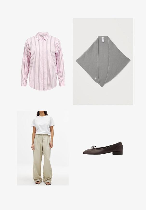 Camicia a maniche lunghe a righe rosa e bianche con colletto a punta e orlo dritto. Presenta una texture di tessuto e dettagli dei bottoni coordinati.; Pantaloni beige a gamba larga con pieghe frontali e una texture liscia, abbinati a una t-shirt bianca in cotone aderente. Infradito neri completano il look.; Ballerina in pelle marrone con punta arrotondata e tacco a blocco piccolo. Presenta un sottile fiocco sul davanti e dettagli di cucitura discreti.; Sciarpa in maglia grigia con una texture liscia, forma triangolare e un sottile accento con logo. Senza chiusure visibili. Ideale per stratificare.; Borsa tote beige intrecciata con un design morbido e una sola tracolla. Presenta un motivo Texturizzato su tutta la superficie.
