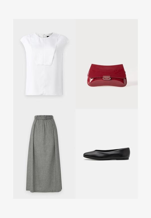 Valkoinen lyhythihainen paitapusero, jossa on pyöreä pääntie ja suorakulmainen etupaneelin yksityiskohta, esillä yksinkertaisella taustalla.; Emporio Armani GONNA - Maksihame - light grey melange; Paul Smith TOPANGA - Ballerinat - black; Punainen lakattu nahkalaukku, jossa on kaareva muotoilu, taitettava läppä ja metallinen logohopeisella kilvellä. Sileä, kiiltävä pinta.