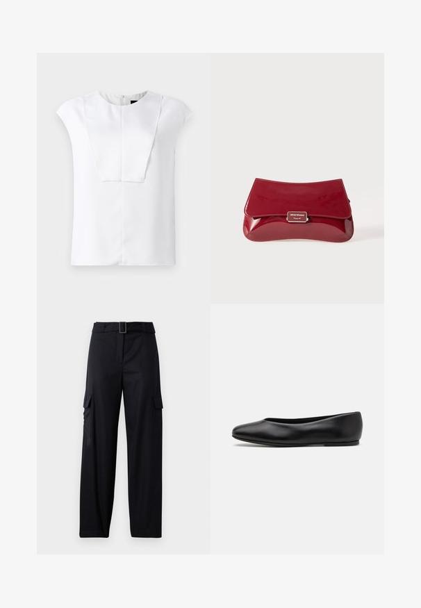 Witte blouse met korte mouwen en een ronde halslijn, met een rechthoekig detail op het voorpaneel, weergegeven op een effen achtergrond.; Zwarte cargobroek met een recht toelopende pasvorm, voorzien van twee zijzakken en een riem met een rechthoekige gesp. Glad stofstructuur.; Paul Smith TOPANGA - Ballerina's - black; Rode gepatineerde leren clutch met een gebogen ontwerp, opklapbare klep en een metalen logo accent op een zilveren plaat. Gladde, glanzende textuur.