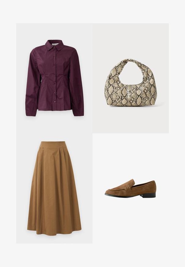 Camisa burdeos de botones con mangas largas, cuello clásico y detalles con pliegues en la cintura. Tejido suave con un leve brillo.; Falda de algodón marrón en corte A con una cintura alta, que presenta plisados en la parte frontal y una textura suave. Los acabados del dobladillo son limpios y simples.; Mocasines de ante marrón con un ligero tacón elevado, una textura suave, detalles de costura en la parte delantera y un diseño de punta redondeada.; Bolso de mano con estampado de serpiente y asa curvada. Hecho de materiales texturizados en tonos beige y marrón, con un patrónen diamante distintivo.