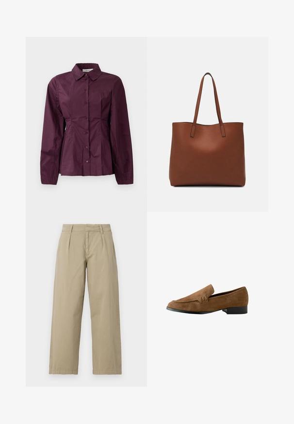 Burgundi spalvos marškiniai su ilgomis rankovėmis, klasikinė apykaklė ir susiūti detalės liemens srityje. Lygus audinys su subtiliu blizgesiu.; Beige plačiai apkirptos kelnės, pagamintos iš medvilnės, su vidutinio aukščio juosmeniu, priekio raukšlėmis ir tiesiais apačiais. Lygi tekstūra, jokios raštų.; Rudi suede loafers, šiek tiek pakelta batai, su lygiu paviršiumi, siuvinėjimo detalėmis priekyje ir suapvalinta piršto dizainu.; Ruda odinė priekabų krepšys su glotnia tekstūra, atviru viršumi ir dviem petnešomis. Su minimalia siuvimo detalėmis ir nematoma aparatūra.