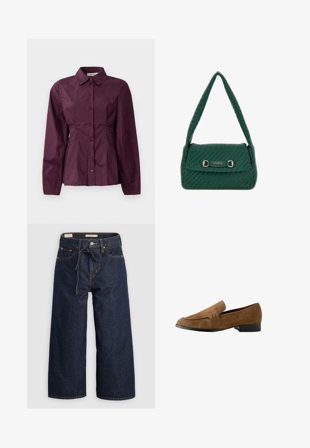 Burgundská košeľa na gombíky s dlhými rukávmi, klasickým golierom a plisovanými detailmi v oblasti pása. Hladká tkanina s jemným leskom.; Tmavo modré džíny s širokými nohavicami, stiahnuteľným pásom, prednými vreckami a kontrastným oranžovým hurtným prešívaním.; Hnedé semišové mokasíny s mierne zvýšeným podpätkom, hladkou textúrou, šitím na prednej časti a zaobleným dizajnom špičky.; Tkaná zelená kabelka vyrobená z syntetického materiálu, s zakriveným popruhom, klopou na uzavieranie a striebornými kovaniami s detailom loga.