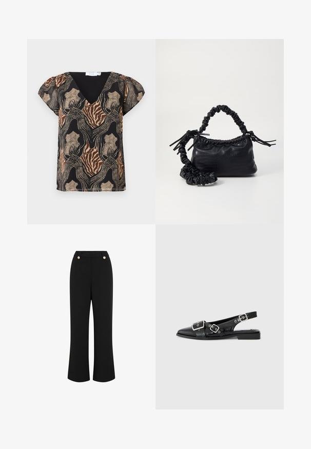 Kratka bluzica s kratkimi rokavi, črna osnova, z večbarvnim abstraktnim vzorcem v zlatih, rjavih in bež odtenkih. Oblikovanje v obliki črke V z mehkimi teksturami.; Črne široke hlače z gladko teksturo, s poudarjenim pasom, dvema gumboma v zlatem odtenku in krojem po meri. Brez vidnih žepov.; Črne usnjene slingback čevlje s koničastim nosom, dvema srebrnima zaponkama in nizkim blokastim peto. Imajo teksturirano zgornji del in odprto zadnjo stran.; Črna torbica iz umetnega usnja s krokodilovo teksturo, z zvitim vrhom in zmečkano naramico. Zdi se mehka in kompaktna v oblikovanju.