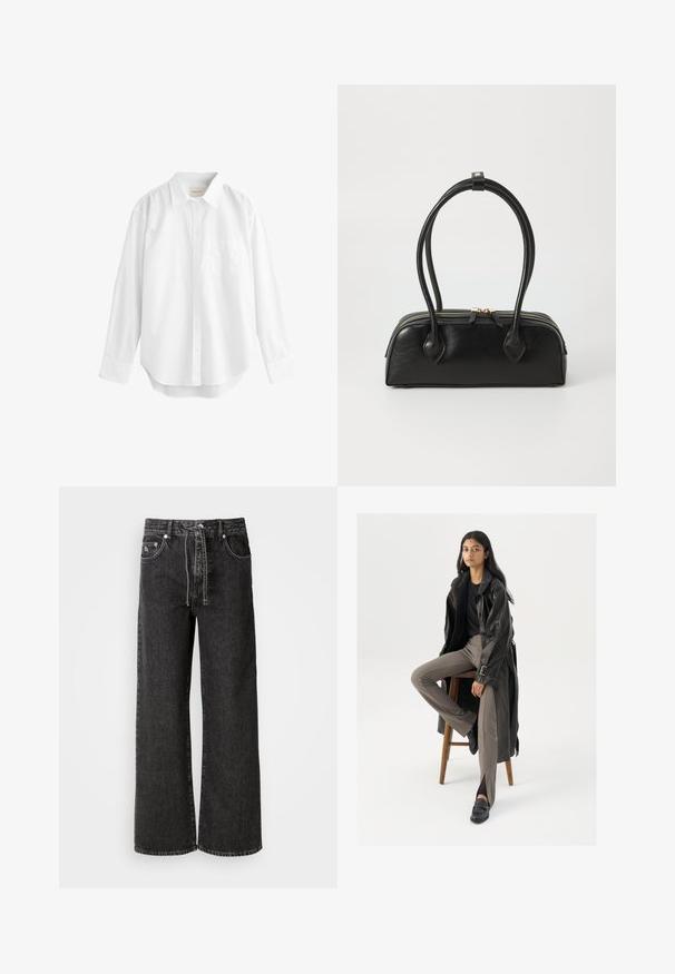 Bela srajca z dolgimi rokavi iz bombaža, z ovratnikom na gumbe, sprednjim žepom in ukrivljenim robom. Gladka tekstura in klasična zasnova.; Črne široke jeans hlače iz denima. Imajo visok pas, zanke za pas, sprednje žepe in srebrne detajle.; Črn usnjen trench plašč z gumbi in detajli pasu, v kombinaciji s svetlo rjavimi prilegajočimi hlačami in črnimi loferji, sedeč na lesenem stolu.; Črna usnjena torbica z dvema podolgovatima ročajema, z zadrgo in zaobljeno obliko; gladka tekstura z rahlo sijočim zaključkom.