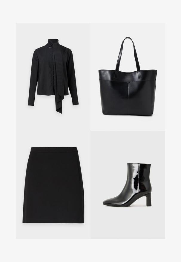 Camisa preta de manga longa com colarinho dobrável e detalhe de lenço solto. Apresenta riscas verticais e fecho frontal com botões.; Saia preta com um design simples, apresentando uma textura suave e uma cintura justa. Inclui um bolso lateral para maior funcionalidade.; Botim de tornozelo em pele sintética preta com bico apontado e salto bloco de altura média. Textura suave e design minimalista.; Bolsa tote preta em couro com duas alças longas, textura suave e forma estruturada. Apresenta um bolso frontal para armazenamento adicional.