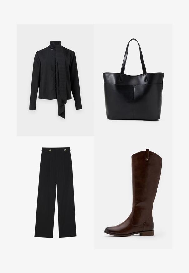 Black long-sleeve shirt with a fold-over collar and a loose scarf detail. Features vertical pinstripes and front button closure.; Black wide-leg trousers with high waist, button details on waistband, and front pleats.; Brown knee-high boots made of smooth leather, featuring a rounded toe, low stacked heel, and a subtle stitching pattern along the sides.; Black leather tote bag with two long handles, a smooth texture, and a structured shape. Features a front pocket for additional storage.