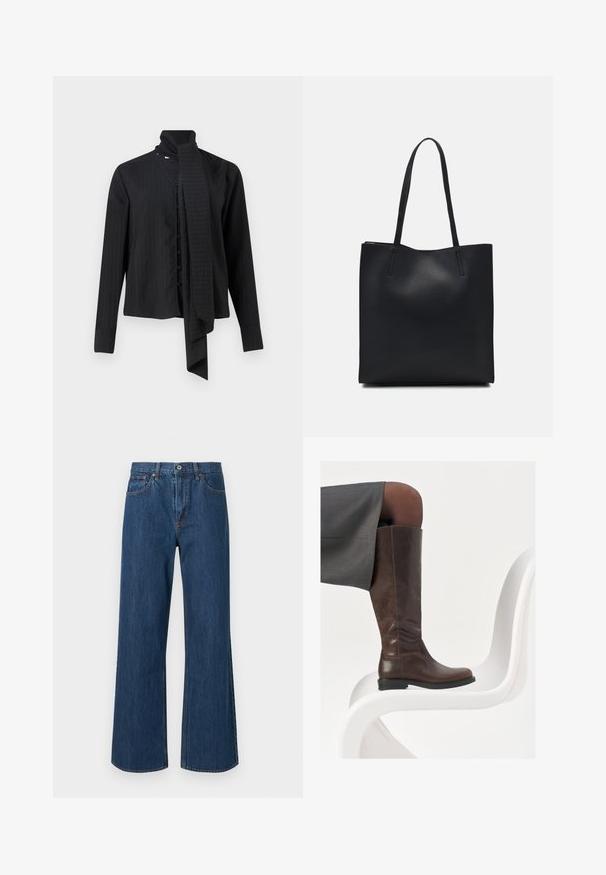 Zwarte blouse met lange mouwen, een omgeslagen kraag en een losse sjaaldetail. Heeft verticale streepjes en een sluiting met knopen aan de voorkant.; Wijdvallende denim jeans in medium blauw, met een hoge taille, voorkeurszakken en subtiele stikdetails. Gladde textuur met ronde zoom.; Bruine leren knie-hoge laars met een ronde neus, een soepele textuur en minimale stikseldetails, tegen een lichte achtergrond op een witte stoel.; Zwarte leren handtas met een gladde textuur, rechthoekige vorm en twee lange handvaten. Geen zichtbare hardware of versieringen.