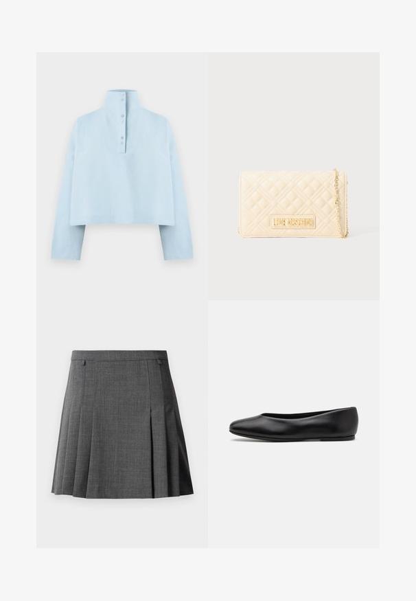 Light blue cropped shirt with a high collar, long sleeves, and five-button closure at the back. Made from a smooth, textured fabric.; Gray pleated skirt with a fitted waistband, made from a smooth, medium-weight fabric.; Paul Smith TOPANGA - Ballet pumps - black; Cream quilted leather crossbody bag with gold chain strap and "LOVE MOSCHINO" gold logo plaque on front flap.