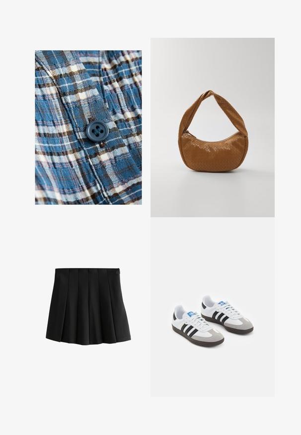 Tela a cuadros azul y crema con un detalle de botón. El material es ligero y texturizado, con acentos marrón oscuro en el patrón.; Mini falda plisada negra con una cinturilla suave y pliegues estructurados en caja invertida, aislada sobre un fondo blanco.; Zapatillas deportivas con parte superior de piel blanca, puntera de ante gris y tres rayas negras. Presentan un logo azul en la lengüeta y una suela de goma texturizada.; Bolso de cuero trenzado en color marrón claro, forma ovalada con un asa gruesa trenzada, que presenta un cierre de cremallera y un acabado brillante.