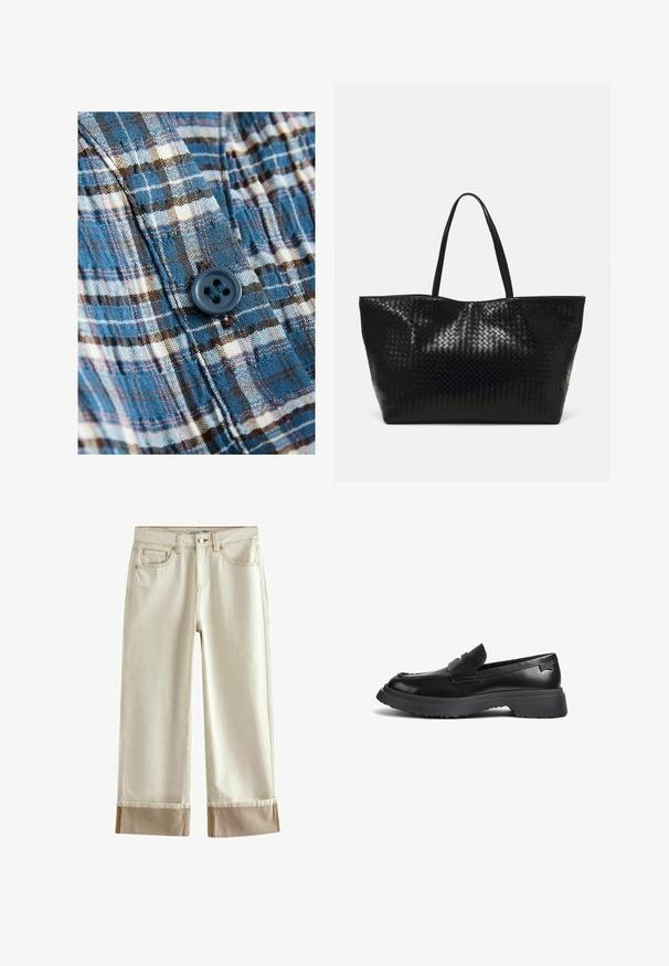 Tessuto a quadri blu e crema con dettaglio a bottone. Il materiale è leggero e testurizzato, con accenti marrone scuro nel motivo.; Next CROPPED TURN UP - Jeans a zampa - ecru white; Mocassino in pelle nera con suola in gomma spessa, fascia per monete e punta arrotondata, mostrato in profilo laterale su sfondo bianco.; Borsa tote nera intrecciata con due manici robusti, caratterizzata da una texture lucida e un ampio design a apertura aperta.