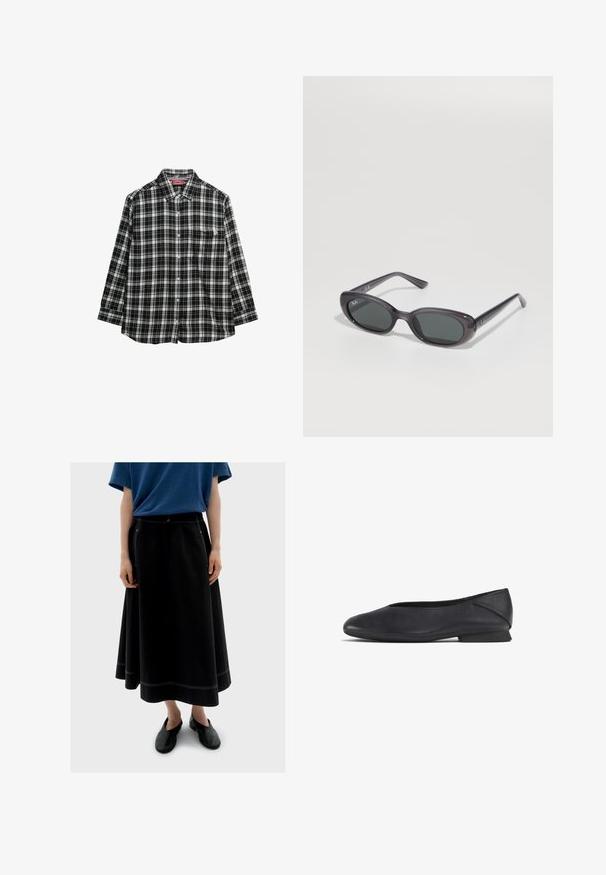 Sorte og hvide ternede skjorte med lange ærmer, knap-ned krave, én brystlomme og en afslappet pasform. Blødt stof.; Sort lang nederdel med synlig hvid syning, kombineret med en blå kortærmet top og sorte sko. Materialet ser blødt og svævende ud.; Sorte læder flade sko med rund tå og lav hæl, designet til både casual og formelt brug.; Sorte ovale Ray-Ban solbriller med mørke linser på en hvid baggrund, der viser brandlogoer på linsen og stængerne.; Sort vævet tote bag med to robuste håndtag, der har en blank overflade og et rummeligt åbent top design.