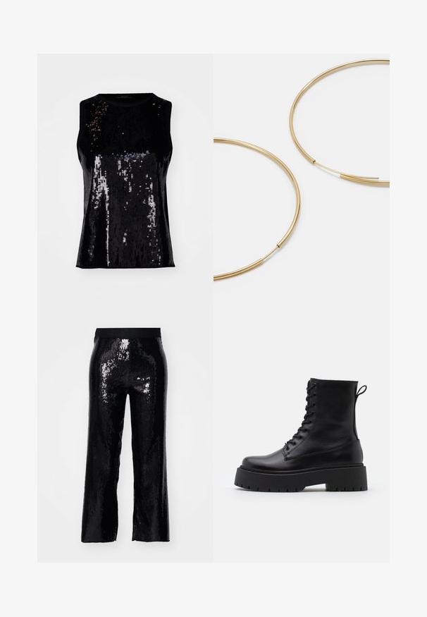 Melna bezpiedurkņu blūze, kas rotāta ar spīdīgām pērlēm, ar spīdīgu tekstūru un pieguļošu dizainu. Apaļais kakla izgriezums bez redzamām aizdarei.; Melnas aizlieguma bikses ar taisno griezumu, elastīgu jostasvietu un spīdīgu tekstūru, kas atspoguļo gaismu. Pilna garuma, bez kabatām un ar gludu apdari.; Melni ādas potītēm zābaki ar apļveida purngalu, auklām priekšpusē un biezu gumijas zoli ar teksturētu protektoru. Velkšanas cilpa aizmugurē.; Zelta krāsas auskari gredzena formā, plāni un apaļi, ar gludu metāla apdari un bez rotājumiem vai zīmējumiem.