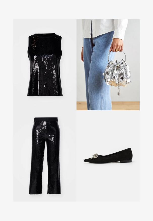 Top negru fără mâneci, decorat cu paiete, având o textură lucioasă și un design ajustat. Guler rotund fără închideri vizibile.; Pantaloni negri din paiete cu croi drept, talie elastică și textură lucioasă care reflectă lumina. Lungi, fără buzunare și cu un finisaj neted.; Pantof negri din suede, cu vârful ascuțit, decorat cu un detaliu de fundiță argintie pe partea din față, având un toc mic.; Geantă tip bucket argintie, cu paiete, dotată cu un mâner metalic circular; include un sistem de închidere cu șnur și accente din lanț, pe un fundal din denim deschis și material alb.