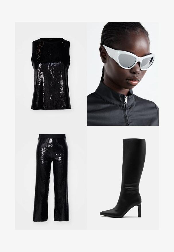 Fekete, ujjatlan felső, amelyet flitterek díszítenek, fényes textúrával és testhez simuló fazonnal. Kerek nyakú, látható záródás nélkül.; Fekete flitteres nadrág egyenes szabással, elasztikus derékkal és fényes textúrával, amely visszaveri a világítást. Teljes hosszúságú, zsebek nélkül és sima felületű.; Even&Odd Csizmák - black; Fehér napszemüveg, merész, túlnőtt dizájnnal és tükör lencsékkel, sima műanyag kerettel és hangsúlyozott ívekkel.