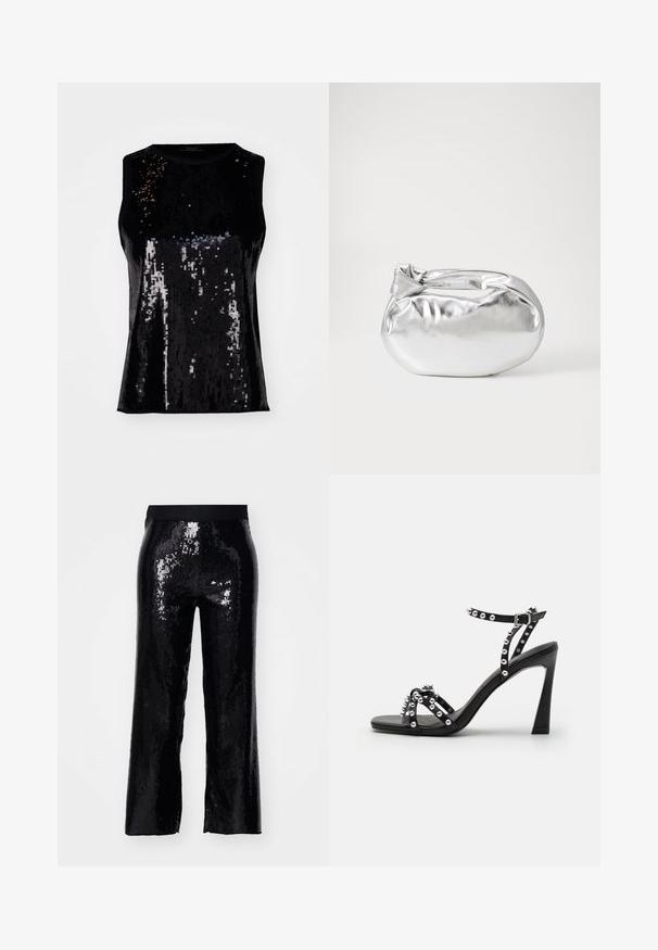 Črn brezrokavnik okrašen s sekvencami, z sijočo teksturo in prilegajočim krojem. Okrogla izrezana vrhnja oblačila brez vidnih zapiranj.; Črne sequinske hlače s ravnim krojem, elastičnim pasom in sijočo teksturo, ki odbija svetlobo. Polne dolžine, brez žepov in z gladkim zaključkom.; Črne visokot Heel sandale z širokim trakom, okrašenimi z ljubitelji in elegantnim dizajnom; imajo zaponko za zapiranje in gladko površino.; Srebrna kovinska torbica z mehko, zaobljeno obliko in zavezano zgornjo zaporo. Narejena iz gladkega umetnega usnja.