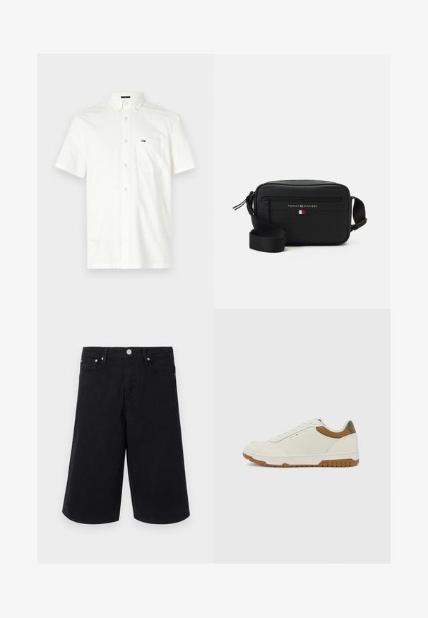 Kortermet hvit skjorte med krage som kan kneppes, teksturert stoff, en brystlomme, og en liten logo på lommen.; Svarte denimshorts med rett snitt, med en frontknapp, to sidelommer og en jevn tekstur. Ingen synlige mønstre eller accenter.; Tommy Hilfiger BASKET CORE - Joggesko - ecru/army green; Svart crossoverveske laget av teksturert materiale som har en glidelåslomme, justerbar stropp og en logo med en trikolor aksent.