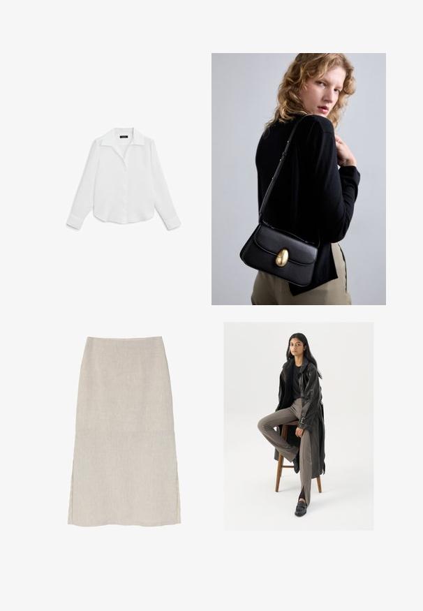 Massimo Dutti OPEN COLLAR LONG SLEEVE - Košilová halenka - white; Světlý béžový lněný sukňový model se rovnou siluetou, bočními rozparky a jemně strukturovaným povrchem. Žádné kovové prvky ani ozdoby nejsou viditelné.; Černý kožený trenčkota s knoflíky a detailem pásku, kombinovaný s světle hnědými úzkými kalhotami a černými mokasínami, sedící na dřevěném stoličce.; Černá kožená kabelka s zakřiveným tvarem, vybavená výrazným zlatým oválným zapínáním, nastavitelným popruhem a minimalistickým designem.