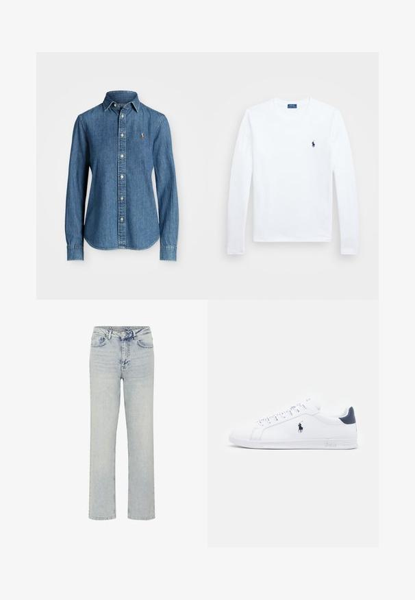 Traper košulja u srednje plavoj boji, dugih rukava, s kragnom na dugmad i logom na prsima. Ima zakrivljeni donji rub i standardni kroj.; Bijela košulja dugih rukava, pamuk, okrugli izrez, s malim mornarskim logotipom na lijevoj strani prsiju. Jednostavan dizajn, regularna kroja.; My Essential Wardrobe 35 THE LOUIS 139 HIGH WIDE Y - Traperice ravnih nogavica - light blue dirty wash; Bijele kožne tenisice s glatkom površinom, tamnoplave naglaske i mali logo sa strane. Imaju ravne vezice i teksturiranu gumu za potplat.