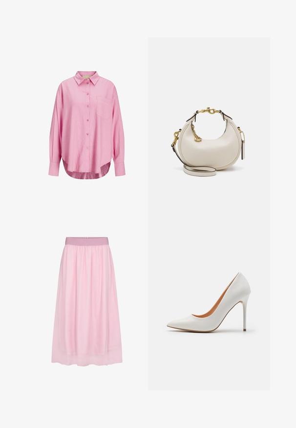 Svetloružová košeľa na gombíky s golierom, dlhými rukávmi, jednou náprsníkovou vreckom a mierne zakriveným lemom. Tkanina vyzerá mäkko.; Ružová tylová sukňa s jemným, priehľadným dizajnom. Obsahuje elastický pás a splývavý strih, vytvárajúc vrstvený efekt.; Biele lakkové vysoké podpätky s špicatou špičkou a štíhlym stiletto opätkom, s hladkou textúrou a béžovým interiérom.; Krémy kožená kabelka v polmesiacom tvare, so zlatou hardvérou, čiernymi akcentmi a odnímateľným popruhom. Obsahuje reťazový detail a tag.