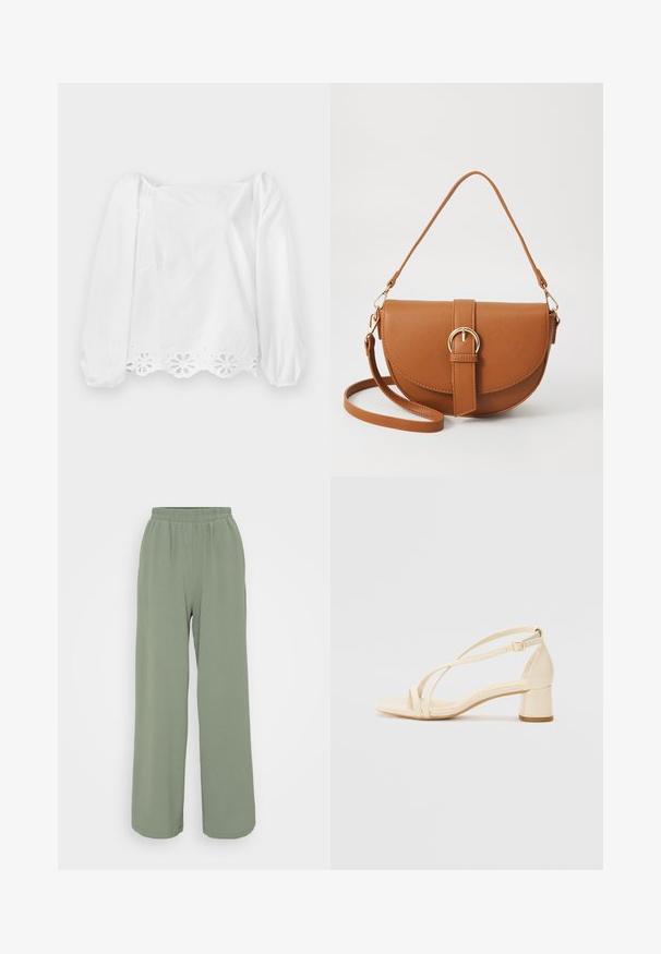 White long-sleeve blouse with puffed sleeves and a scalloped hem. Features cut-out floral pattern along the lower edge and a slight sheen.; Light green, wide-leg trousers with an elastic waistband, made of a textured fabric. Features soft draping and a relaxed fit.; Beige heeled sandals with a block heel, strappy design, and adjustable ankle strap, made of smooth synthetic material with a matte finish.; Brown leather crossbody bag with a curved shape, gold hardware, and a buckle accent. Features a detachable shoulder strap.