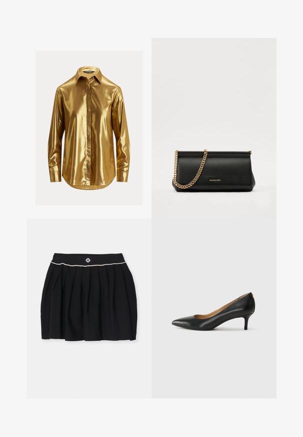 Camicia metallizzata dorata a maniche lunghe con colletto a bottoni, texture liscia, pattina frontale e orlo arrotondato.; Gonna nera plissettata realizzata in un tessuto testurizzato. Presenta una vita e un'accademia decorativa in tonalità argento lungo la parte superiore.; Décolleté in pelle nera con punta affilata, tacco basso e texture liscia. Presenta un leggero apertura sulla parte anteriore e hardware minimale sul retro.; Clutch bag in pelle nera con tracolla in catena dorata, caratterizzato da una superficie liscia, forma rettangolare e branding in rilievo sul davanti.