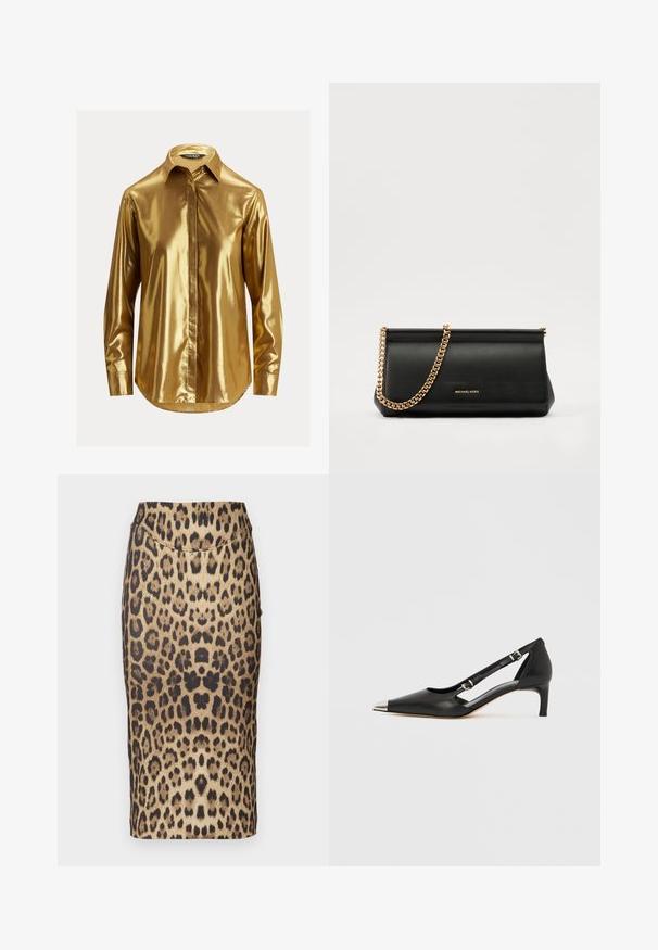 Zlatá metalická košile s dlouhým rukávem, s límečkem na knoflíky, hladkou texturou, přední légou a zaobleným lemem.; Sukně ve stylu tužky s leopardím vzorem, přiléhavého střihu, středního pasu a hladké textury. Vzor se skládá z různých hnědých a černých skvrn.; Černá kožená botička s nízkým podpatkem, špičatou stříbrnou špičkou a dvěma pásky s přezkami na bílém pozadí.; Černá kožená psaníčko s zlatým řetízkem, vyznačující se hladkým povrchem, obdélníkovým tvarem a reliéfním logem na přední straně.
