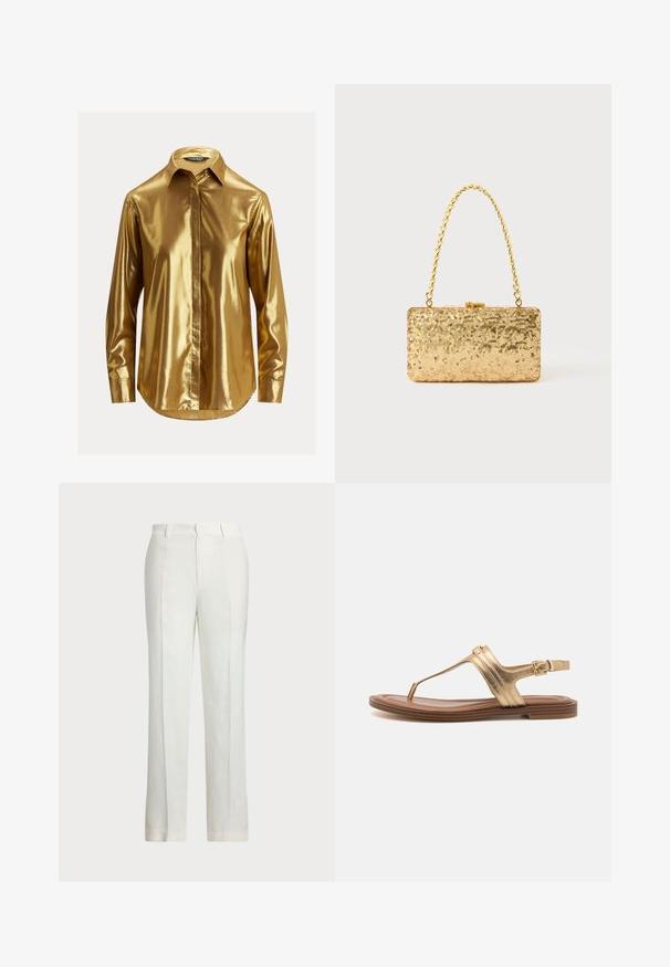 Zelta metālisks krekls ar garām piedurknēm, pogu lejas malas apkakli, gludu tekstūru, priekšējo pogu slēgšanu un noapaļotu apakšmalu.; Baltas lina bikses ar taisnu kāju dizainu, kurām ir plakana priekšpuse, divas sānu kabatas un smalki teksturēta auduma virsma.; Zelta metāliskas sandalēs ar thong dizainu, kontrastējošu brūnu zoli, sprādzes regulēšanu un lineāriem akcentiem uz siksnām drošai piegulšanai.; Zelta sekmju soma ar taisnstūra formu, kurai ir savīti ķēdes rokturi un metāla aizdare, kas atspoguļo gaismu ar teksturētu apdari.