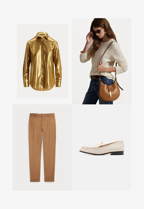 Camisa de mangas longas metálica dourada com colarinho abotoado, textura suave, pala frontal e barra arredondada.; Calças de algodão castanhas com um design slim-fit, frente lisa e bolsos standard; textura suave e bainhas com acabamento.; MICHAEL Michael Kors CARLSON LOAFER - Sapatos sem atacadores - light cream; Bolsa de ombro castanha em couro com um formato curvo e detalhes em metal dourado. O modelo veste um suéter de malha com padrão de corda em tom creme e jeans azuis.