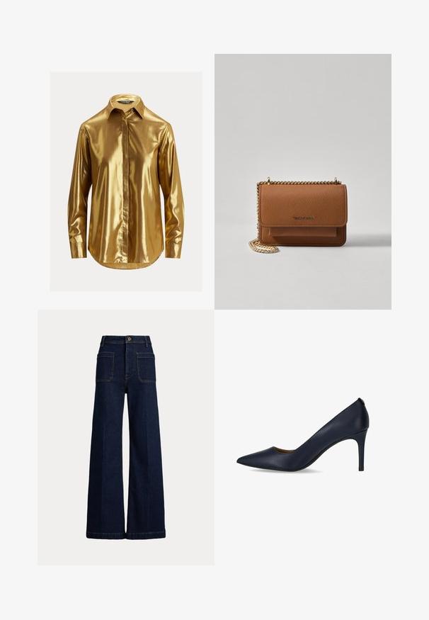 Camisa de mangas longas metálica dourada com colarinho abotoado, textura suave, pala frontal e barra arredondada.; Jeans de ganga escuros de perna larga com uma cintura alta, design de cinco bolsos e costura em contraste. Apresenta um fecho de botão e uma forma estruturada.; Sandalha de salto alto azul-marinho feita de couro liso, com bico afinado e salto esbelto. Design simples sem adornos adicionais.; Bolsa crossbody de couro texturizado castanho com alça de corrente dourada e fecho com aba. A parte da frente apresenta detalhe do logótipo e um bolso sob a aba.