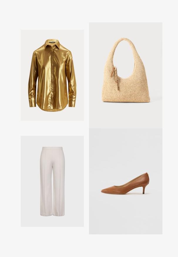 Gouden metallic langemouwen shirt met een button-down kraag, een gladde textuur, een voorpand en een afgeronde zoom.; Wijde broek in lichtbeige stof met een gladde textuur. Voorzien van twee verticale naden en een consistente, schone snit aan de zoom.; Lauren Ralph Lauren ADRIENNE - Klassieke pumps - deep saddle tan; Geweven beige handtas met een gebogen handvat, textuur oppervlak en een bruine kwastdetail. Heeft een slonzige, hobo-vorm.